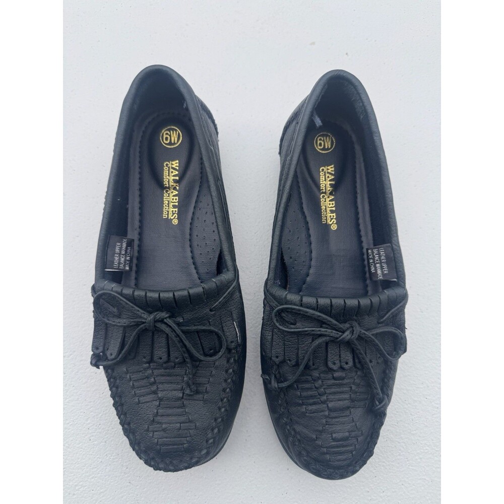 Walkables Women’s Black Leather Woven‎ Moccasin Loafers Comfort Shoes Size 6